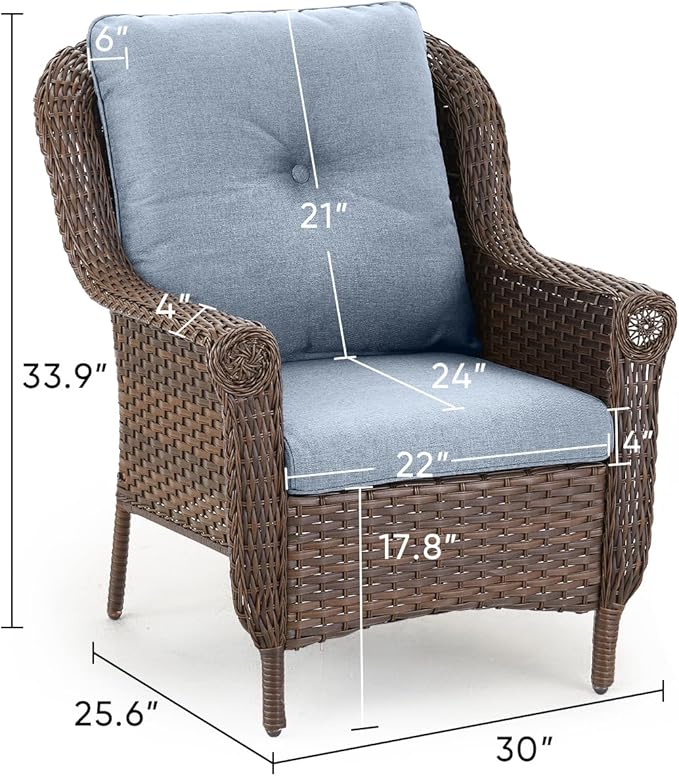 ACTREST Patio Wicker Chairs Outdoor Furniture Chair - Set of 4 Outside All Weather Lawn Dining Brown Rattan Armchair with High Back&Deep Seating for Deck Porch Balcony Backyard Garden - Baby Blue