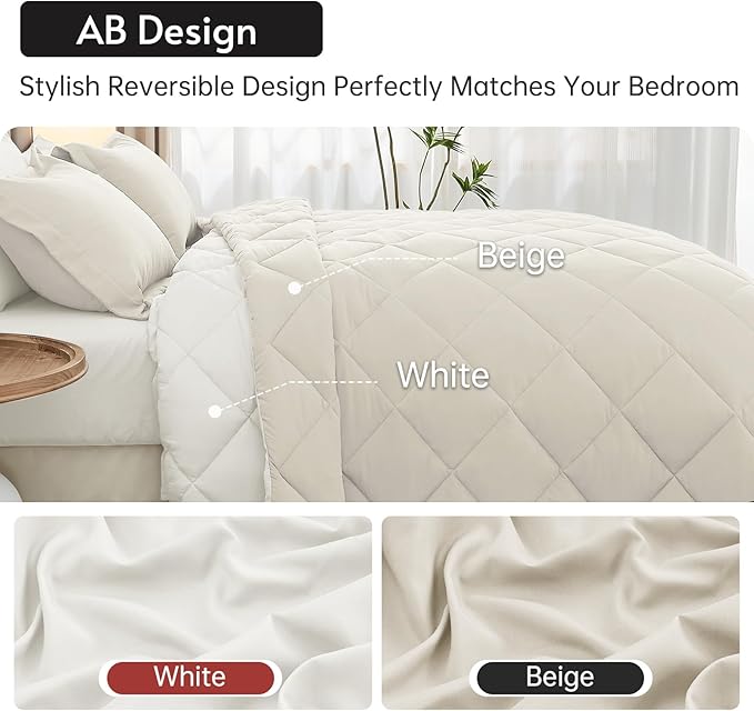 MUXHOMO 5 Pieces Twin XL Comforter Set, Reversible Bed in a Bag Twin XL Size, All Season Bedding Set with Comforter, Flat Sheet, Fitted Sheet, Pillowcases & Shams, Beige & White