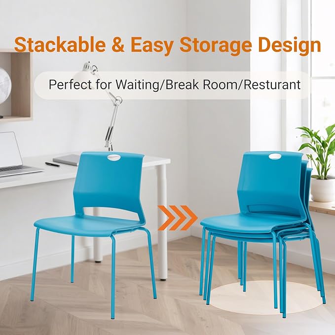 Sidanli Waiting Room Chairs, Stackable Office Chairs with Comfortable Streamline Seat, Blue Stacking Chairs No Wheels for Meeting Room, Set of 4.