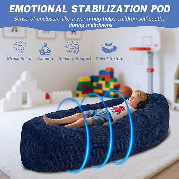 HAHASOLE Sensory Chair for Autistic Children - Foam Peapod Sensory Canoe with Non-Slip Base, Soft Cover Machine Washable, Calming Cocoon for Kids(Navy Blue)