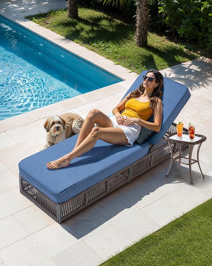 ACTREST Luxury 2PCS Outdoor Chaise Lounge and Side Table Set with 5 Inch Thick Cushions - High Back Brown Wicker Patio Recliners Chairs Lounger for Poolside Pool Porch Garden Sunbathing - Navy Blue