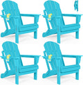 Folding Adirondack Chairs Set of 4- Plastic Adirondack Chairs with Cup Holder, Weather Resistant for Outdoor, Patio, Lawn, Garden, Backyard Deck, Fire Pit - Turquoise