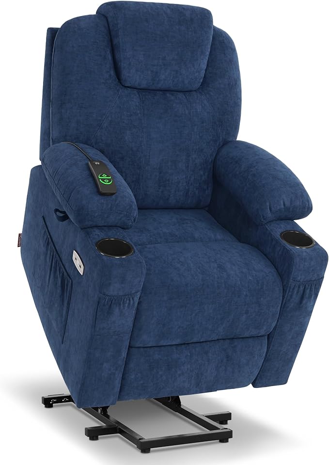 MCombo Small Power Lift Recliner Chair for Elderly, Petite Power Lift Chair with Heat and Massage for Seniors, Cup Holders, USB & Type C Ports, Fabric 7141 (Admiral)