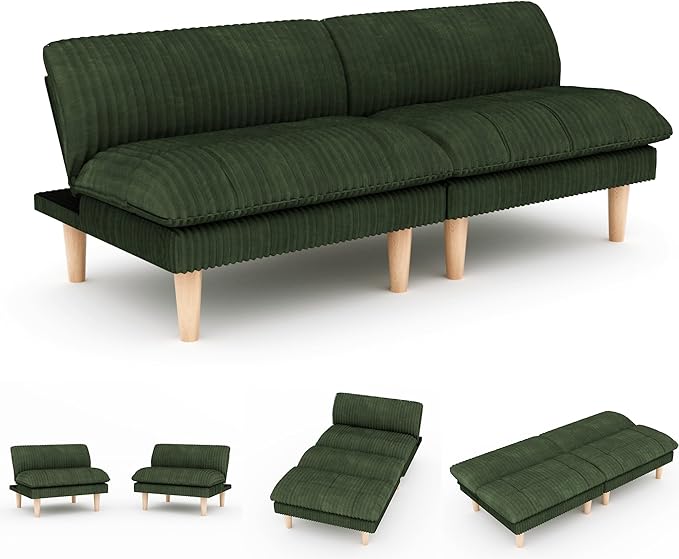 3 Sets 69" Futon Sofa Bed, 4 in 1 Multi-Function Couch Sleeper with Adjustable Backrest, Modern Convertible Futon, Recliner Small Loveseat for Living Room, Plush Green