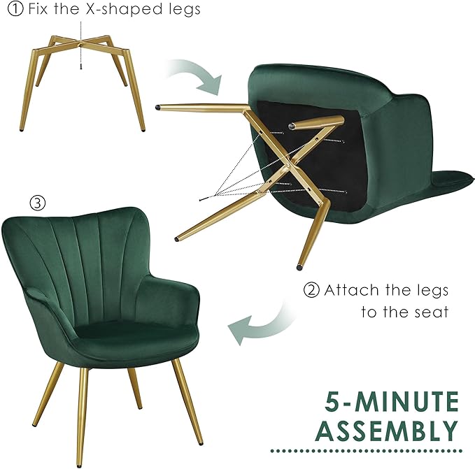Yaheetech Velvet Accent Chair, Modern Armchair Vanity Chair with Wing Side and Metal Legs, Cozy and Soft Padded and High Back for Living Room/Makeup/Office/Bedroom, Green