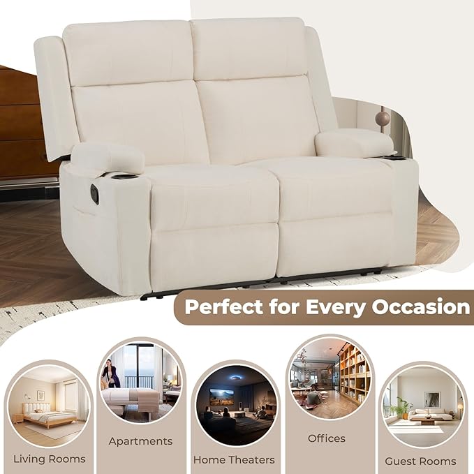 PALLOME Manual Reclining Loveseat Sofa, 2-Seater Recliner Couch with Cup Holders, Fabric Reclining Sofa for Living Room/RV (Cream)