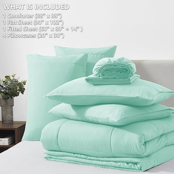 CozyLux Queen Comforter Set Mint Green, 7 Pieces Bed in a Bag, Green Comforter Queen Size, All Season Bedding Sets with Stitch Quilted Comforter, Flat Sheet, Fitted Sheet, Pillowcases