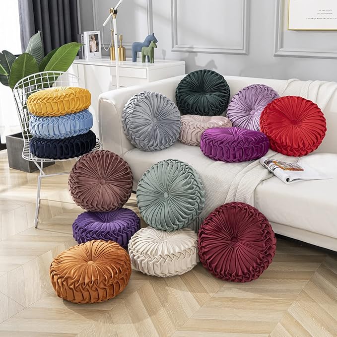 vctops Christmas Red Velvet Seat Cushions Round Floor Pillows Thicken Chair Cushions Pleated Chair Pads Seat Pad Throw Pillows for Bedroom Living Room (Wine Red,Diameter 14")
