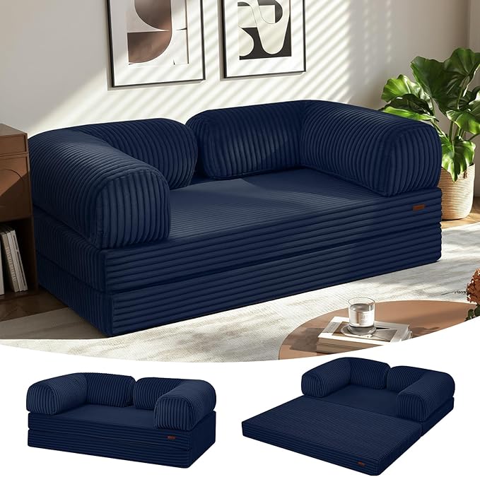 COMAX Futon Sofa Bed, 4-in-1 Floor Foldable Sofa Couch Bed Queen with L-Shaped Armrests, Convertible Folding Chair Bed Sleeper Mattress Fold Out Comfy Lounge for Living Room Bedroom, Faux Fur Navy