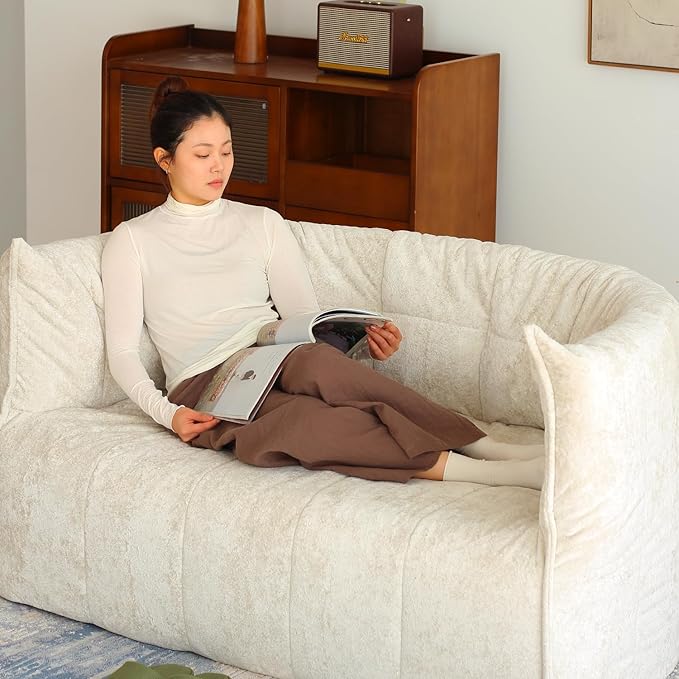 N&V Mid Century Brigantin Deep Relaxation Sofa, Soft Premium Chenille, for Living Room Bedroom and Office (Ivory, ThreeSeater)