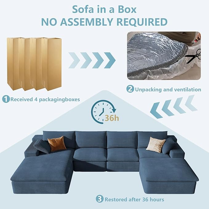 136" Cloud Sectional Couch with U-Shaped Chaise,Corduroy Viral Boneless Sofa with Ottoman,Memory Foam Couches in a Box with Deep Seat for Living Room,No Assembly Required (Blue,Left-Facing Chaise)