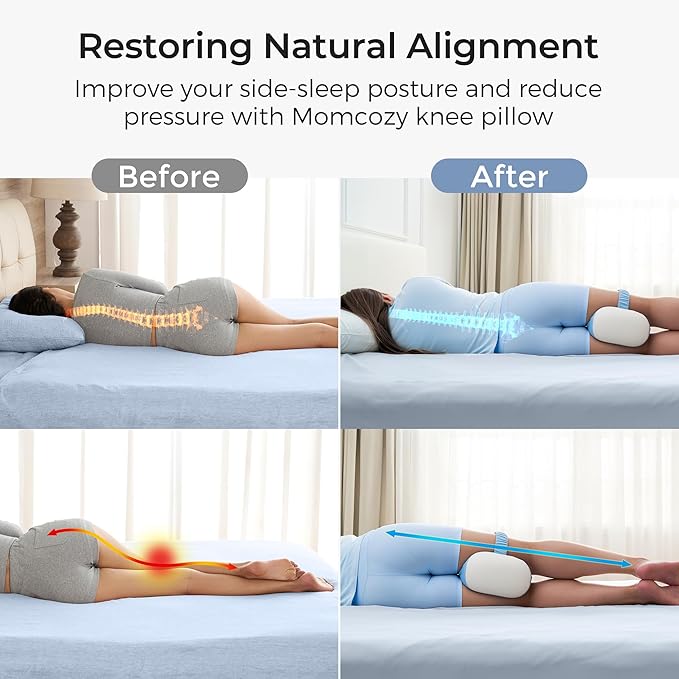 Momcozy Knee Pillow for Side Sleepers with Cooling Cover, Soft Memory Foam Spine Alignment Pregnancy Leg Pillow for Hips, Back, Sciatica Pain, Fixed Strap for Moving, Wider Contact Even Pressure, Blue