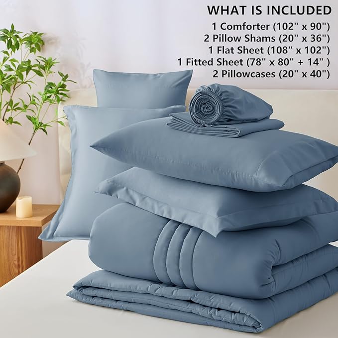 CozyLux King Comforter Set - 7 Pieces Bed in a Bag Grayish Blue Comforter Set with Sheets Luxury Bed Set All Seasons, Soft Bedding Set with Down Alternative Comforter, Sheets, Pillowcases & Shams