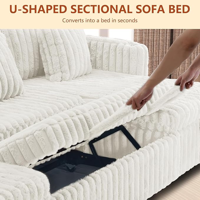 124" Sectional Sleeper Sofa with Pull Out Bed, Comfy Fluffy Plush Corduroy Cloud Sectional Couches for Living Room, U Shaped Modular Couch with Storage Chaise, Cup Holder & USB Charger, Beige