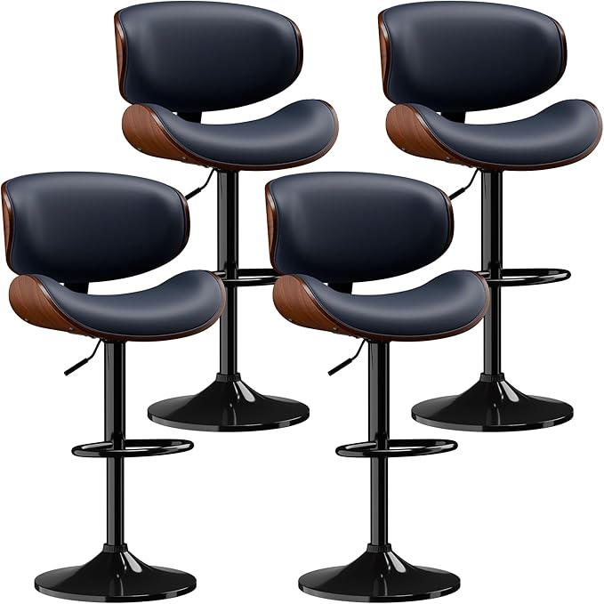 Aowos Bar Stools Set of 4, Adjustable Swivel Barstools for Kitchen Island, Mid Century Modern Leather Upholstered Counter Height Bar Chairs with Back & Footrest (Blue)