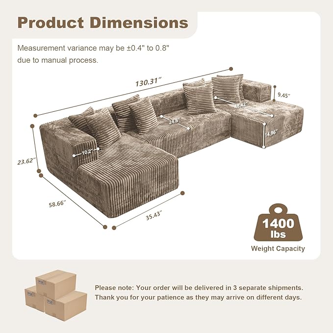 130'' U Shaped Couched for Living Room, Cloud Modular Sectional Couch with 2 Chaise Lounge, Modern Minimalist Upholstered Sofa Sleeper Deep Seat Corner Couch, No Assembly Required Light Coffee