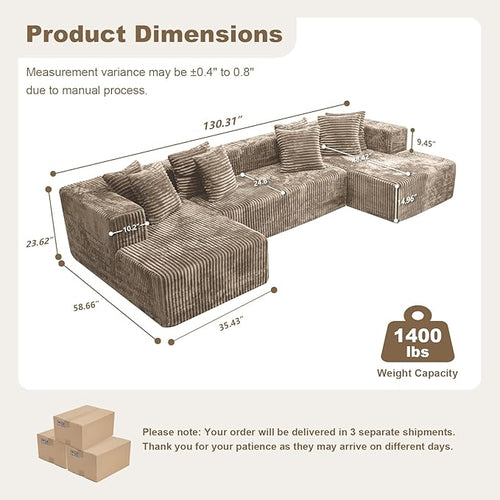130'' U Shaped Couched for Living Room, Cloud Modular Sectional Couch with 2 Chaise Lounge, Modern Minimalist Upholstered Sofa Sleeper Deep Seat Corner Couch, No Assembly Required Light Coffee