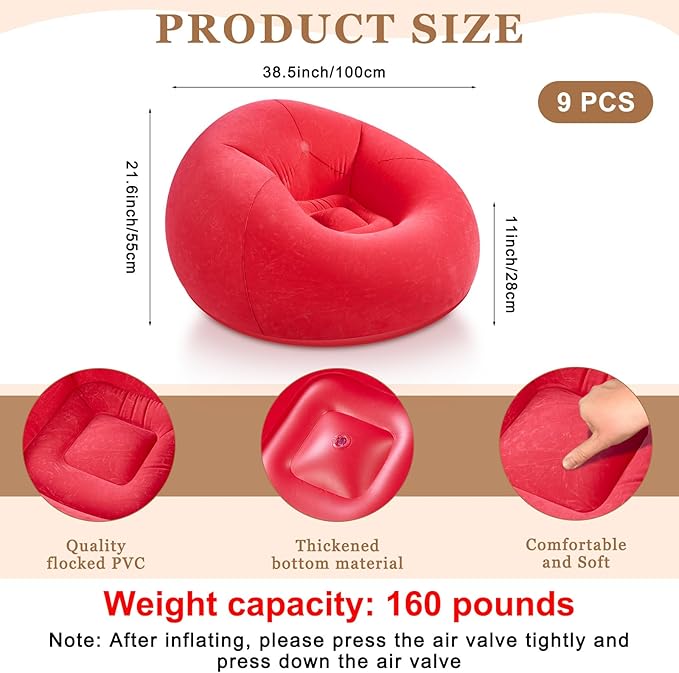 Realspring 9 Pcs Inflatable Bean Bag Chairs for Adults with Electric Air Pump, Blow up Couch Folding Portable Inflatable Couch Lazy Sofa for Outdoor Movie Nights Camping Room (Red)