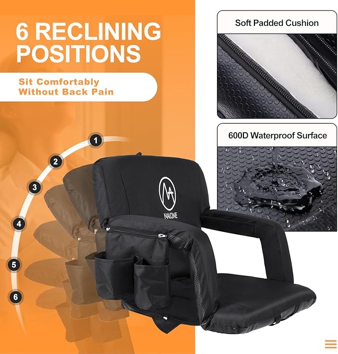 nalone Folding Stadium Seat Set of 2, 20.5 inch Wide Stadium Chairs for Bleachers Stadium Seat Bleacher Chairs Portable with Back Supports Thick Padded Cushion Armrests Reclining(Black)