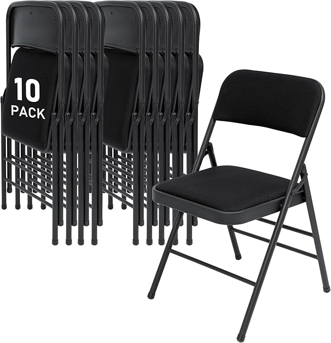 SEALAMB 10 Pack Fabric Folding Chairs with Padded Seats & Cushion, Metal Foldable Chairs for Wedding Party, Commercial Chairs for Office School Church Events, 350lb Capacity (Black-Fabric, 10 Pack)