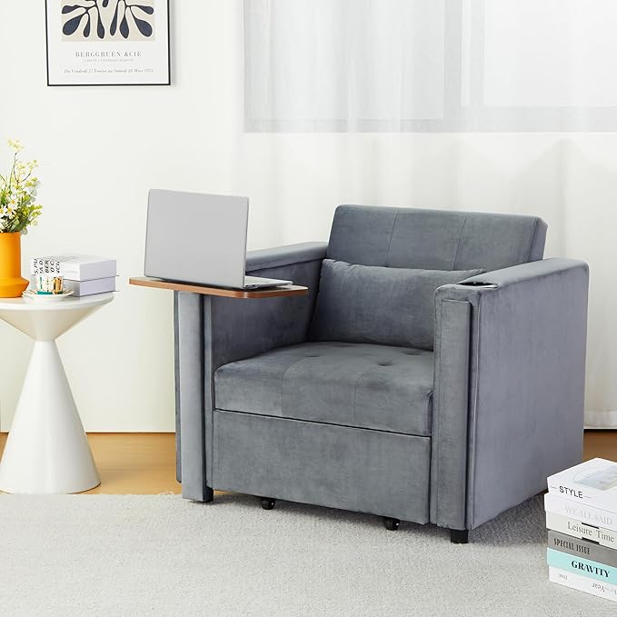 Velvet Convertible Chair Bed, 3 in 1 Multi-Functional Lounge Chair Sleeper, Pull Out Couch Guest Bed with Hidden Table and Adjustable Backrest for Living Room Small Space Apartment (Gray)