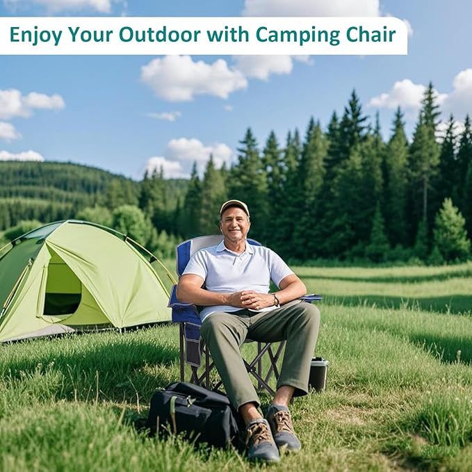 SAILARY Camping Chair Heavy Duty High Back Folding Chair with Cup Holder, 450lbs Capacity, Padded Seat, Cooler Bag & Storage Pocket, Portable for Outdoor, Beach, Fishing, Sports, Blue
