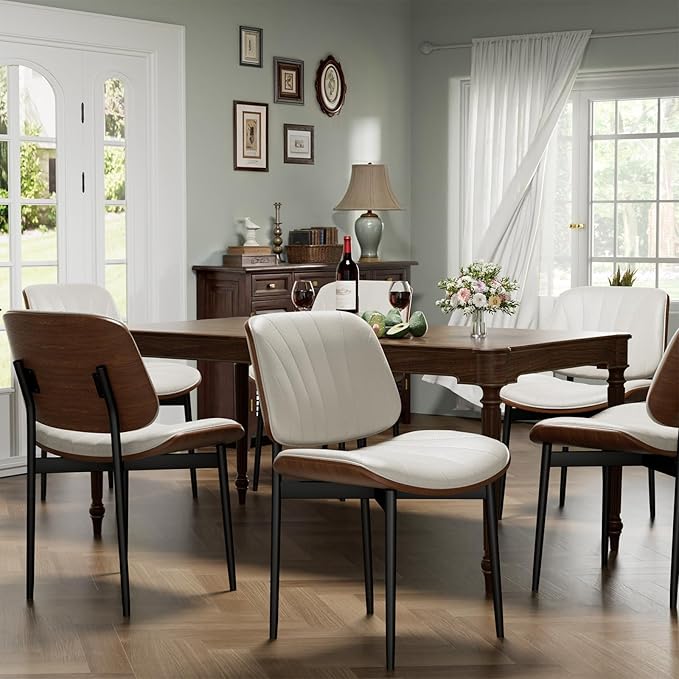 YaFiti Dining Chairs Set of 2, Dining Room and Kitchen Chairs, Mid Century Modern Accent Chair, Upholstered PU Leather Chairs for Vanity with Walnut Bentwood and Metal Legs, Beige