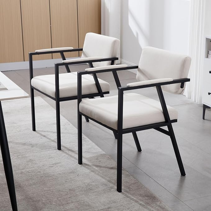DUOMAY Modern Dining Chairs Set of 6, Linen Upholstred Side Arm Chairs Mid-Century Open Back Reception Chairs with Black Metal Legs for Kitchen Dining Room, Beige