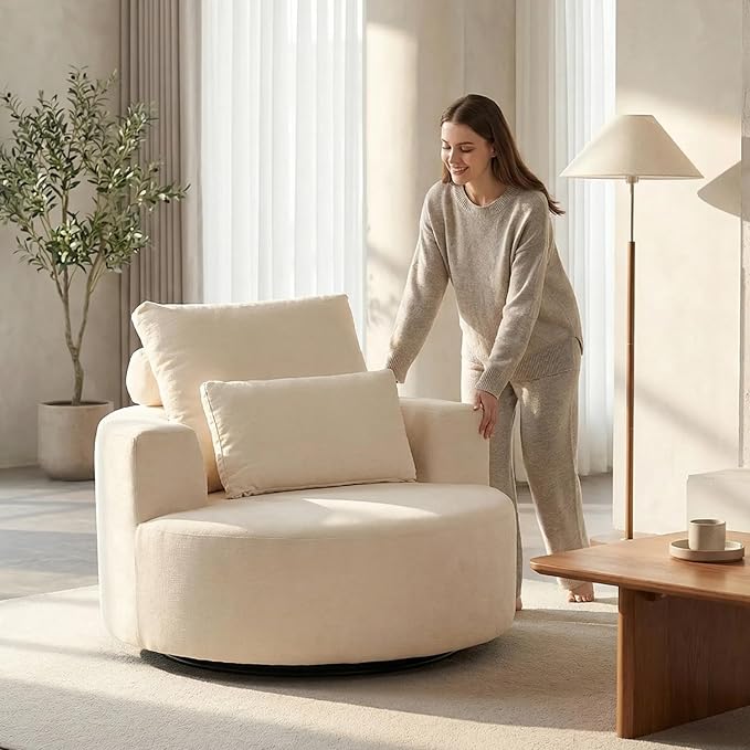 Furnimart 40" Oversized Barrel Accent Chair Set of 2, 360° Swivel Round Upholstered Sofa, Chenille High-Resilience Sponge, No Assembly, Wide Seat for Living Room, Bedroom, Apartment (Beige)