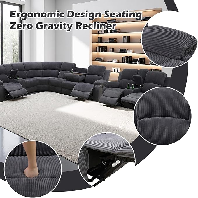 SIENWIEY Manual Recliner Sectional Sofa for Living Room,L Shaped Reclining Sectional Corner Couch with Loveseat,Gray Corduroy Recliner Sofa Set with Storage Console/Drop Down Coffee Table/Cup Holders
