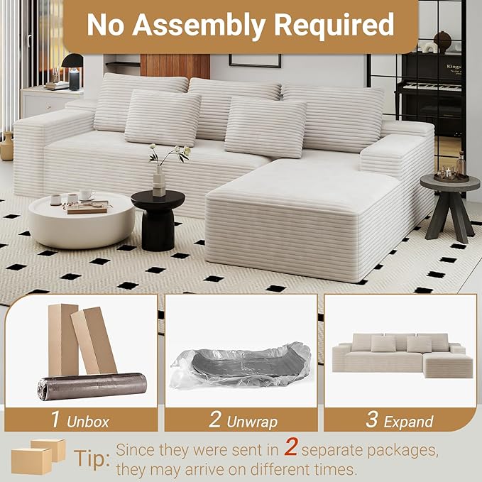 KAPEETOO Modular Sectional Sofa Cloud Couch for Living Room, Right L Shaped Boneless Couch with Chaise Longue, Oversize 3-Seater Sectional Sleeper Sofa Set with Deep Seat Bedroom (White)