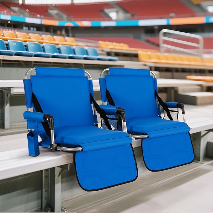 LET'S CAMP Folding Stadium Seat Bleacher Chair with Cup Holder, Mesh Bag and Hide Hooks, Portable Stadium Chair with Back and Cushion