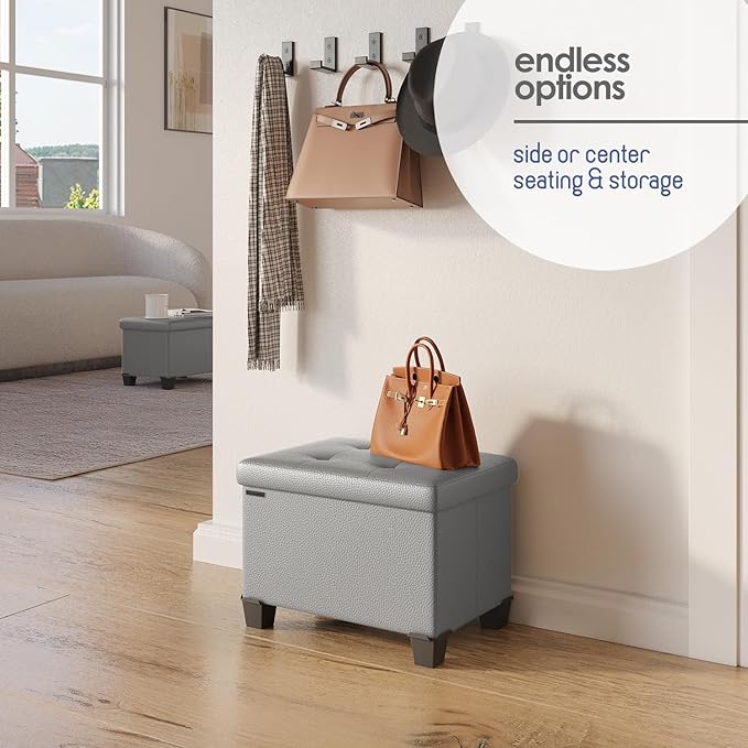 Storage Ottoman Cube with Small Bin, 16-in Square Ottoman with Storage for Living Room and Bedroom, Small Ottomans Foot Rest, Faux Leather Foot Stools Ottomans Max 330lbs, Light Grey