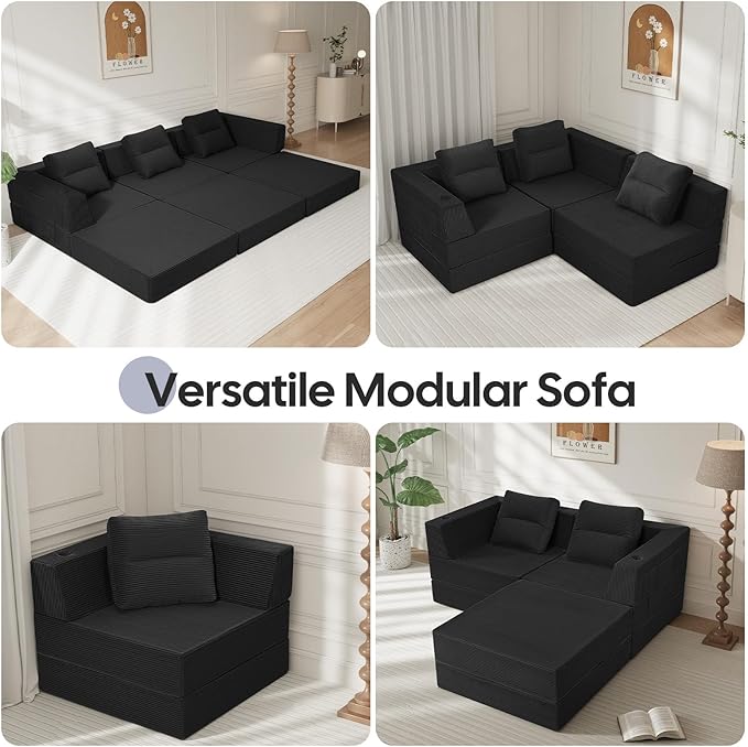 COMAX Futon Sofa Bed 3 Seater, 106" Convertible Sofa Bed Couches for Living Room, 4 in 1 Folding Boneless Sleeper Corduroy Couch Foam in a Box, Comfy Foldable Lounge Fold Out Floor Mattress, Black