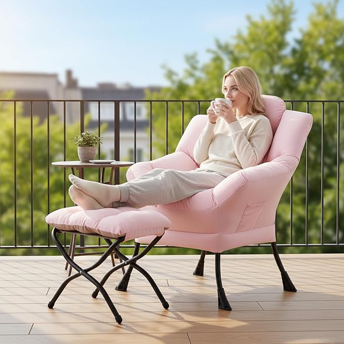 Cozy Lazy Chair and Ottoman, Large Contemporary Accent Lounge Chair Set, Leisure Upholstered Reading Armchair for Bedroom, Living Room, Dorm Rooms, Office, Peach Pink