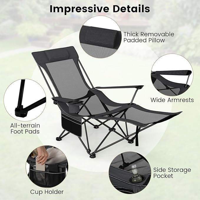 GYMAX Reclining Camping Chairs with Footrest, Lightweight Foldable Camping Chairs with Cup Holders, Adjustable Backrest, Headrest, Heavy Duty Camp Chair for Adult Outdoor Fishing Beach (Grey,1)