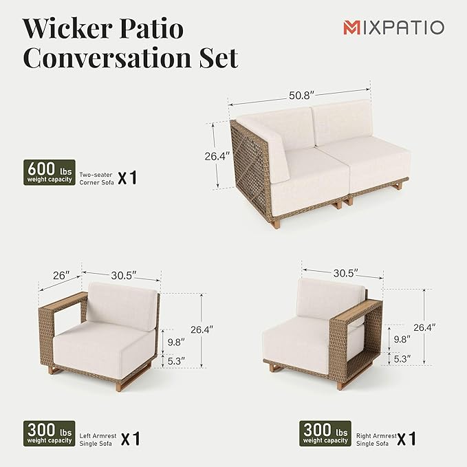 MIXPATIO Outdoor Patio Furniture Set, 4 Piece Outdoor Rattan Wicker Modular Sofa Couch Set, Sectional Conversation Set with 10" Extra Thick Cushions for Deck Backyard Lawn