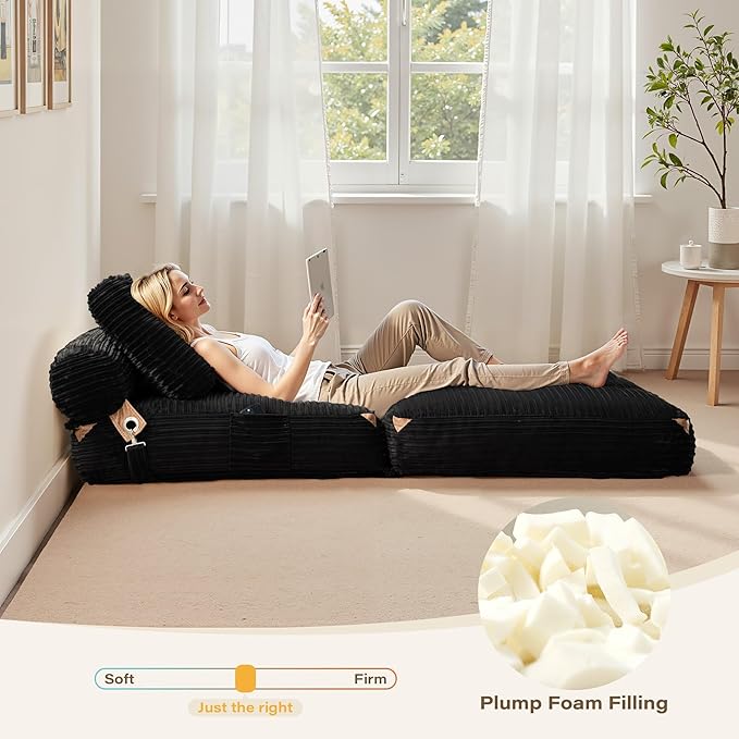 75''Foldable Sofa Bed,Black Convertible Folding Sleeper Chair Bed,Foldable Single Sofa Foam Filling Couch with Pillow, Comfy Corduroy Lazy Floor Sofa for Small Room Living Room Bedroom Apartment