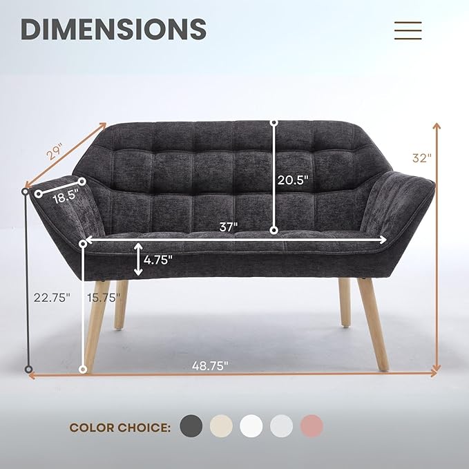 48" Small Couches for Living Room, Mid Century Modern Loveseat with Wood Legs 2-Seat Chenille Upholstered Sofa Tufted Couches for Small Space, Apartment, Dorm, Dark Gray