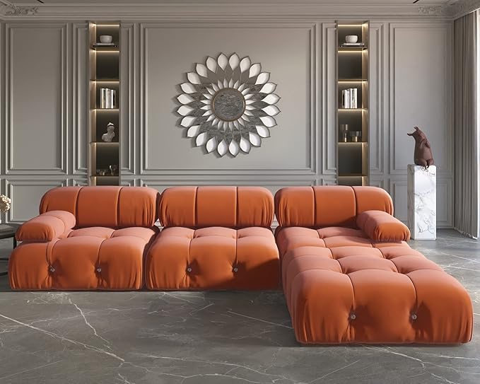 JACH 104" Sectional Couches for Living Room, L-Shaped Minimalist Velvet Sofas, Mid-Century Modular Sofa with Reversible Chaise Ottoman, Orange Sofas Furniture for Living Room, Apartment