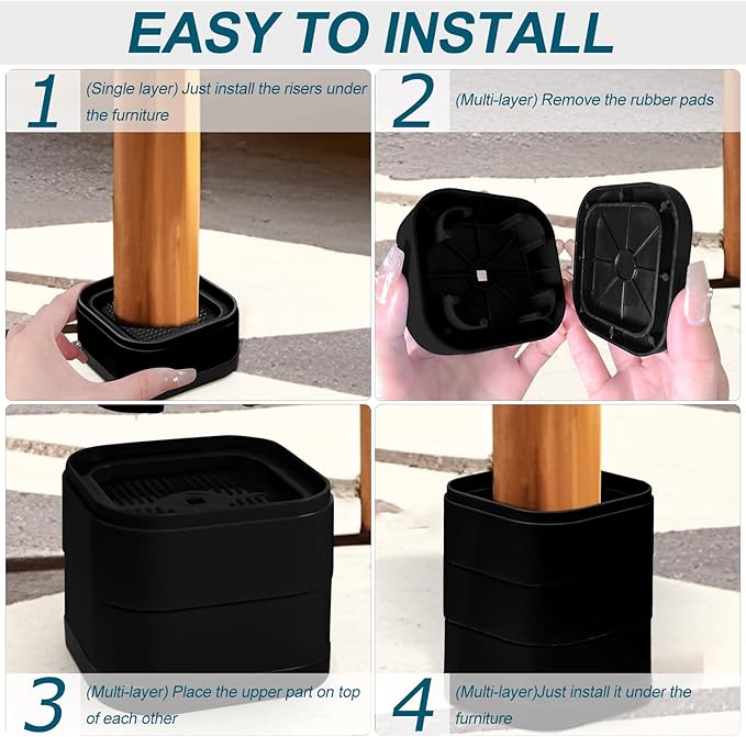 Kvoike 4 Pack Furniture Risers, Adjustable Bed Risers Heavy Duty Stackable Bed Raisers for Table Desk Couch Chair Sofa Cabinet Bed Legs Lift Height 1" (4, Black-2)