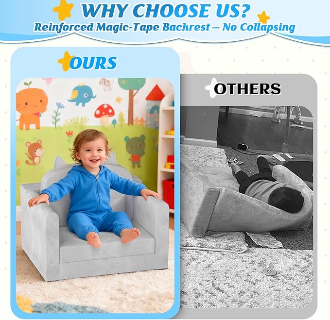 ORWIPO Kids Sofa Bed with Removable Washable Cover & Backrest – Foldable Toddler Chair, Cozy Crystal Velvet Furniture for Playtime, Naps & Travel (Gray, Bear Design)