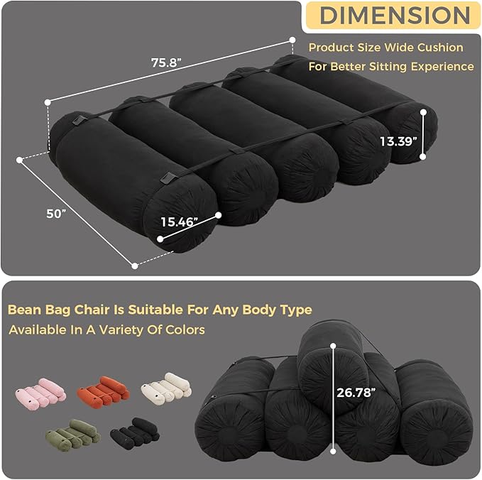 Ekskiei Bean Bag Chair, Corduroy Sectional, Flexible Floor Seating Lazy Sofa, Soft Foam Filled Lounger, Non-Removable Cover, Reconfigurable Design,Living Room,Bedronm&Offices,Black