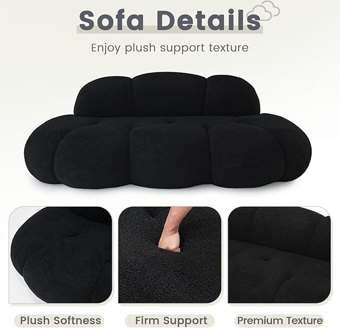 WJShome 90" Modern Curved Cloud Shaped Couch for Living Room,Lazy Floor Couch, Boucle LoveSeat 3 Seater Sofa, Cozy Leisure Boneless Couches for Bedroom, Apartment-No Assembly Required (Black)