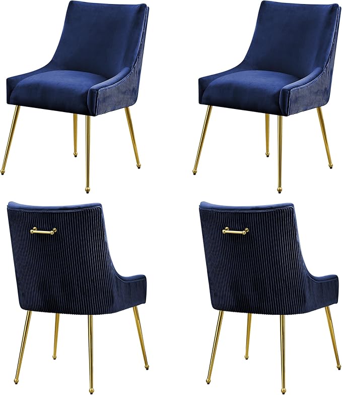 WUTUTUEE Velvet Dining Chairs Set of 4 Gold Legs,Upholstered Velvet Accent Chairs, Pleated Back Design & Gold Pull Handle, Mid Century Modern Chairs for Dining/Kitchen/Living Room,Blue