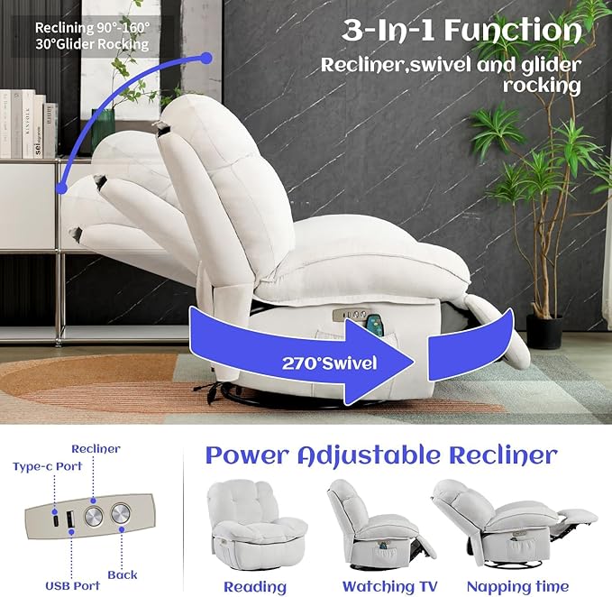 EDWELL Massage Swivel Recliner Chair, Oversized Rocker Recliner with Heated, Vibration Massage and Lumbar Heat Ergonomic Rocker Chair for Adults with Side Pocket, USB Charge Port, White
