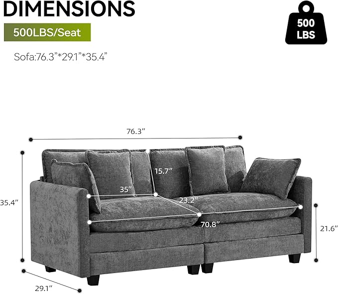 UMBFUN 2-Seater Cloud Couch, Oversized Comfy Modular Sectional Sofa with Deep Seat Cushions, Chenille Loveseat for Living Room, Apartment & Small Spaces, Grey