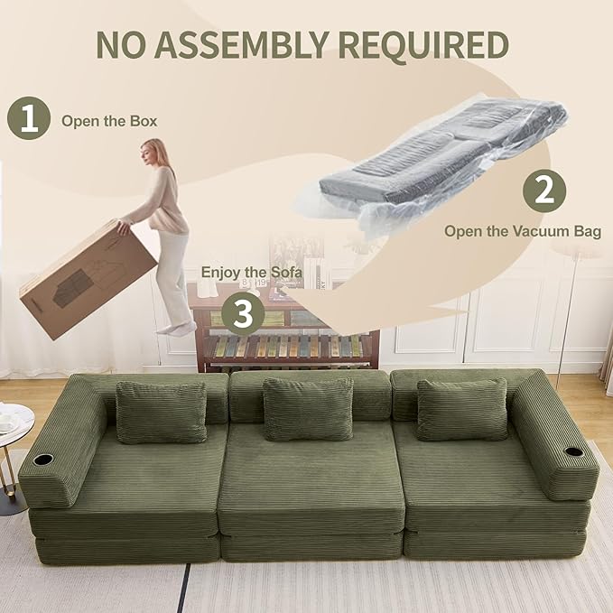 118" Oversized Convertible Floor Sofa Bed, Boneless Foldable Mattress Cloud Couch with Pillow Back & Armrest, Fold Out Floor Couch with Cup Holder for Living Room Bedroom Lounge, Corduroy, Olive
