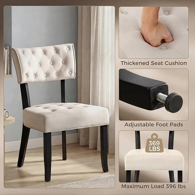 UVV Upholstered Dining Chairs Set of 2, Mid Century Modern Tufted Kitchen Chairs Dining Room Chairs, Velvet Dinner Chair with Wood Legs for Dining Room Kitchen, Beige-Black Legs