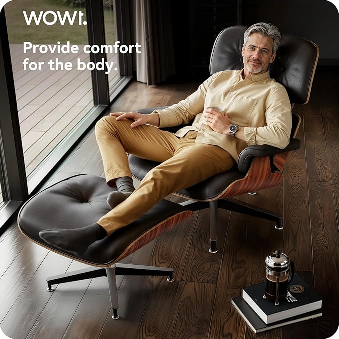 Top Black Grain Leather, Mid Century Chaise Lounge Chair and Ottoman, Modern Chair Classic Design, Palisander Wood, Heavy Duty Base Support for Living Room Office